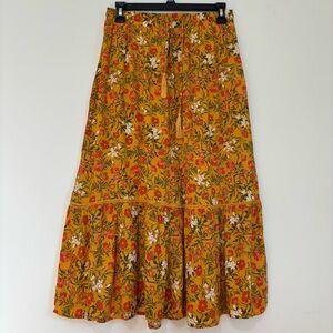 Rachel Zoe Boho Orange Red Floral Cottage core Ruffled Tiered Pull On Midi Skirt